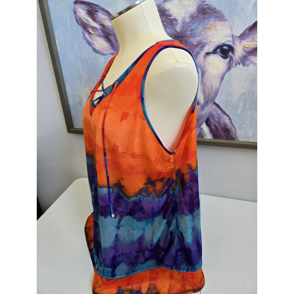 Worthington Women's L Orange Blue Purple Tie Dye Layered Chiffon Cross Tie‎ Tank - Picture 4 of 16